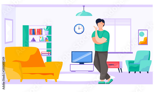 Young man is standing full length in living room with chair, window, bookcase, picture, clock at home. Flat vector illustration character indoors. A male designer planning the interior of the room