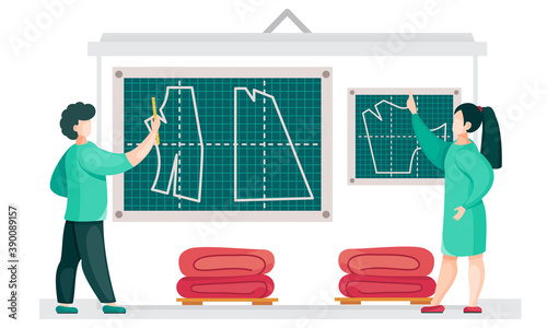 Couple explains the principles of drawing patterns on the board. Cloth planning. Preparation for tailoring and making clothes. Fashion designers during work in studio. Cutting and sewing lesson