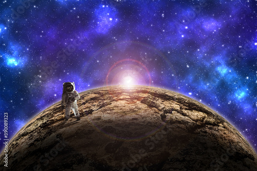 The photograph is prepared using gaussian noise distribution and one of my image in image processing software. It consists of 9 layers. The photograph of Astronaut is taken from the following NASA's w