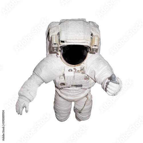 Astronaut in space suit shows LIKE gesture isolated