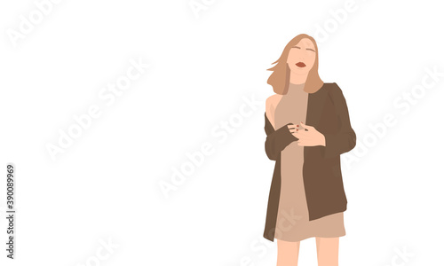 Fashionable blond girl in a jacket and light dress of trendy colors with one shoulder naked walking through the city