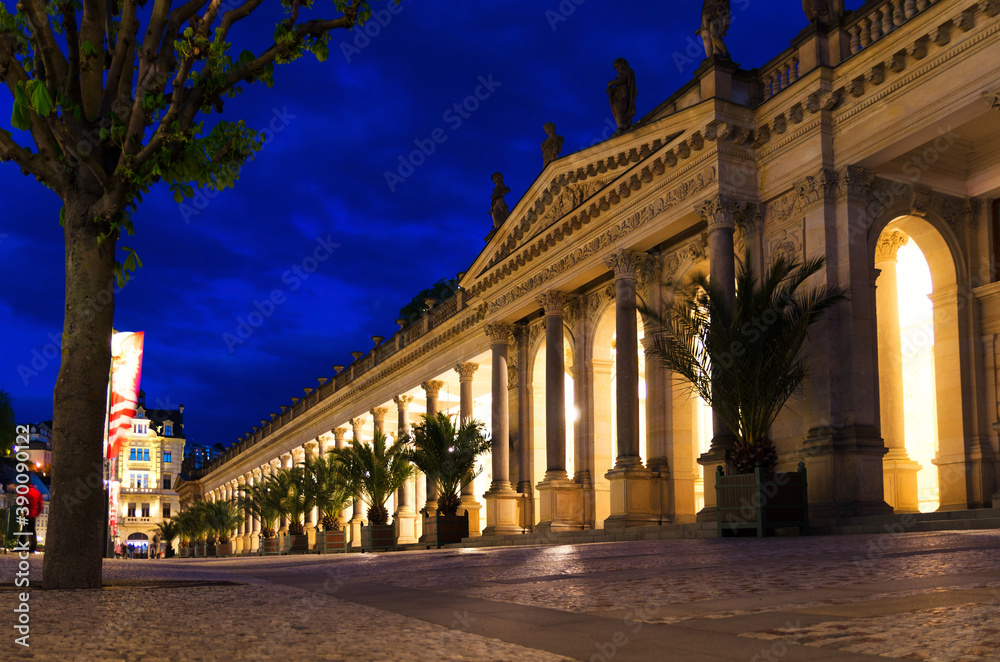 Obraz premium The Mill Colonnade Mlynska kolonada Neo-Renaissance building with columns and hot springs in spa town Karlovy Vary Carlsbad historical city centre, night evening view, West Bohemia, Czech Republic