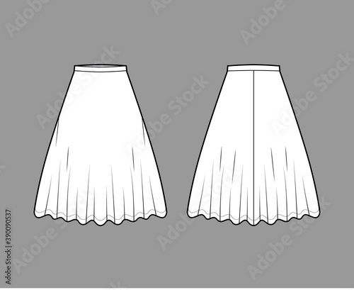 Skirt midi round technical fashion illustration with knee lengths silhouette, circular fullness, thin waistband. Flat bottom template front, back, grey color style. Women, men, unisex CAD mockup