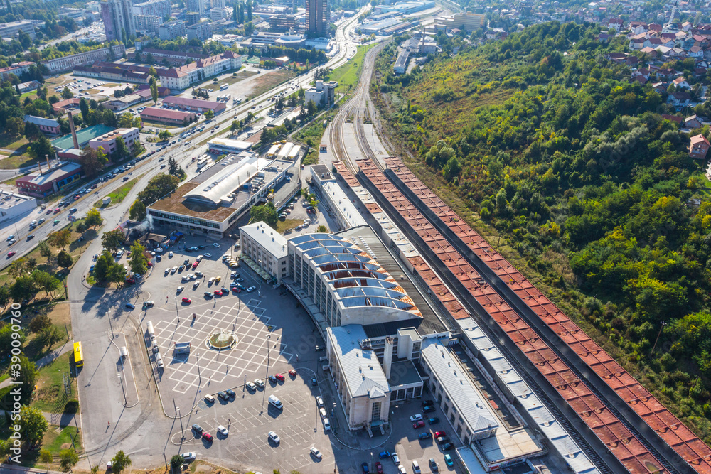 View from a height of the train station and bus station in Sarajevo. Bosnia and Herzegovina