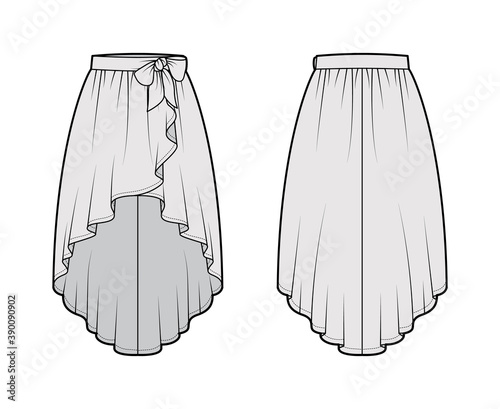 Skirt high low cascade wrap technical fashion illustration with semi-circular fullness, thick waistband. Flat bottom template front, back, grey color style. Women, men, unisex CAD mockup