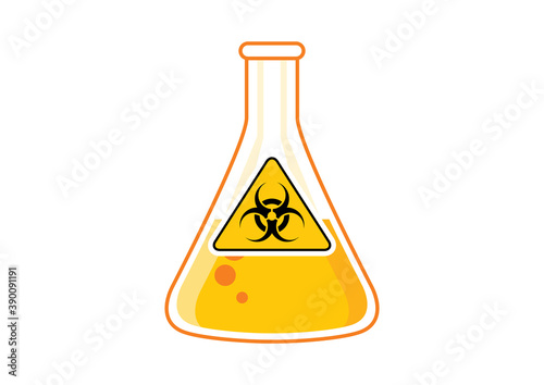 Laboratory chemical beaker with toxic liquid and hazard symbol icon vector. Biohazard icon vector. Dangerous symbol with radiation icon. Glass container with yellow poisonous liquid clip art
