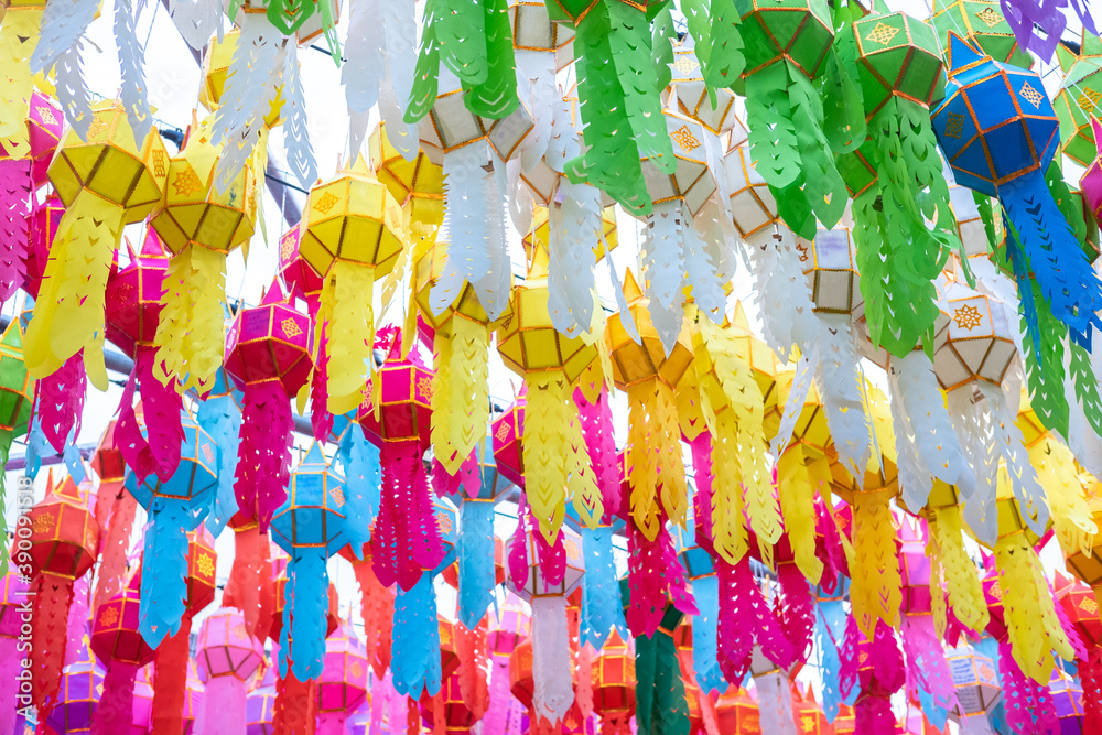 Fototapeta premium Colorful of Lanna lamp and Paper lantern of Loy krathong festival in Chiangmai, Thailand