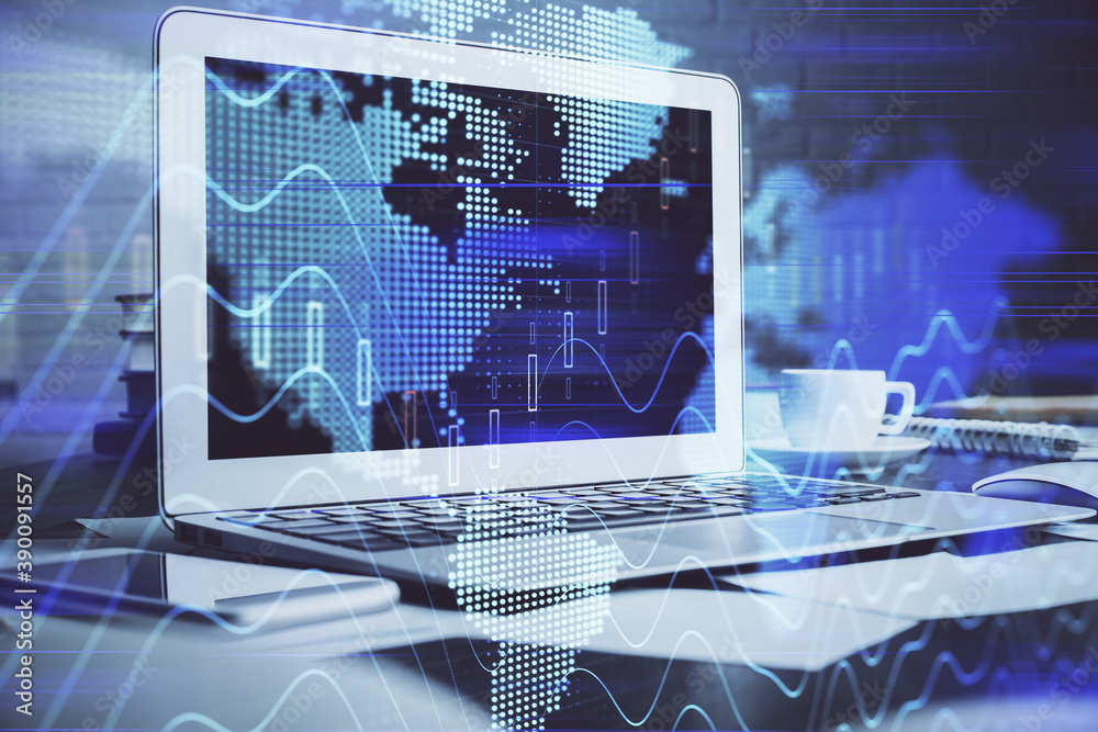Stock market graph on background with desk and personal computer. Multi exposure. Concept of financial analysis. Stock market graph on background with desk and personal computer. Multi exposure. Concept of financial analysis.