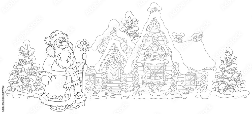Santa Claus with a magical ice staff in front of his snow-covered and decorated log house on snowy and frosty Christmas Eve, black and white outline vector cartoon illustration