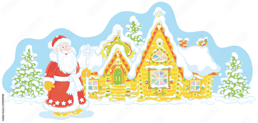 Naklejka premium Santa Claus with a magical ice staff in front of his snow-covered and colorfully decorated log house on snowy and frosty Christmas Eve, vector cartoon illustration on a white background