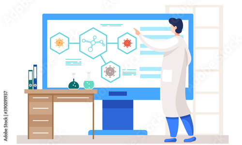 Medical worker in lab explains the invention. A man in white coat work with a test tube, virologist, chemical researcher with laboratory equipment. Illustration of science experiment with vaccine
