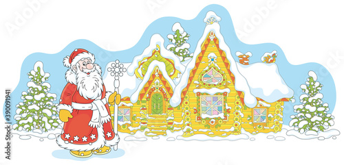 Santa Claus with a magical ice staff in front of his snow-covered and colorfully decorated log house on snowy and frosty Christmas Eve, vector cartoon illustration on a white background