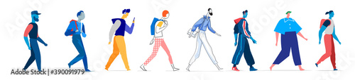 Collezione di personaggi maschili in diversi stili. Uomini che camminano in diverse posizioni isolati su fondo bianco photo