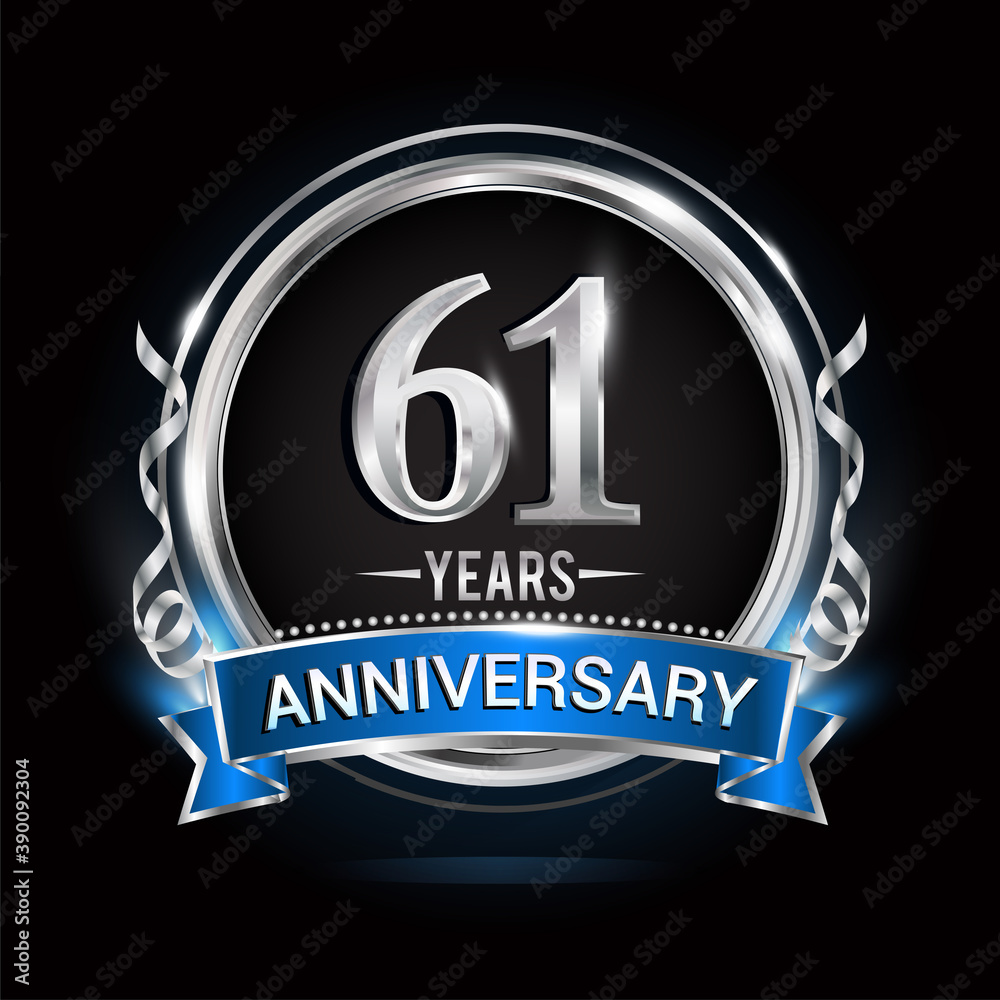 Logo celebrating 61st years anniversary with silver ring and blue ribbon. Logo celebrating 61st years anniversary with silver ring and blue ribbon.