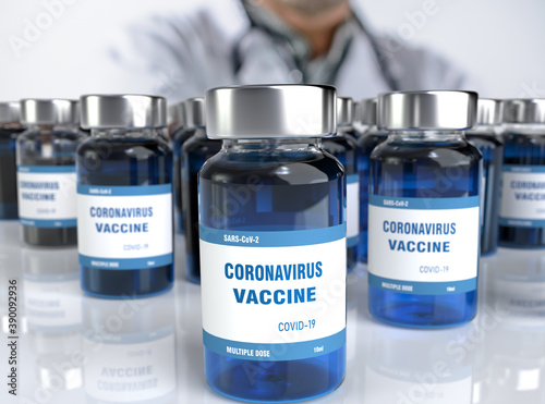 Coronavirus Vaccine injection vials medicine drug bottles Covid-19 2019-ncov Sars-cov-2 Vaccination, immunization, treatment to cure Covid 19 Corona Virus infection