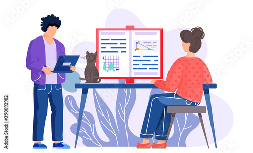 The girl sits at the table and reads a book on geometry to prepare for the exams. A man with a laptop stands and studies on his computer. The cat is sitting on the table. Students studying mathematics