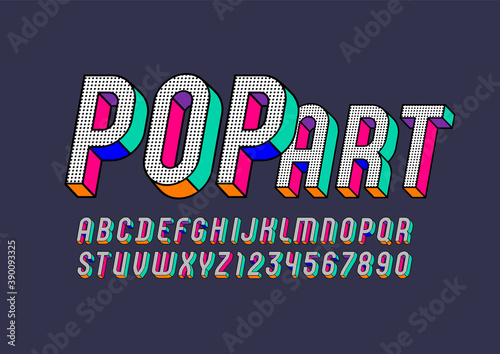 Pop art font, trendy graphic alphabet sans serif, modern 3d italic letters and numbers with black dot, vector illustration 10EPS