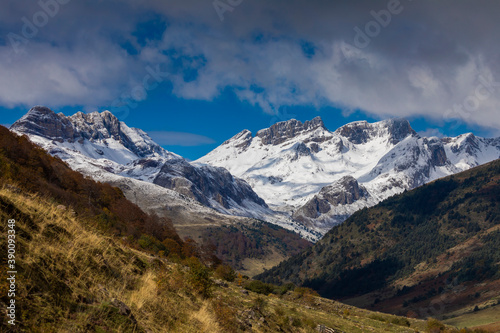 Snowy mountains landscape in the Aragonese Pyrenees. Near of Aguas Tuertas valley, Hecho and Anso, Huesca, Spain.