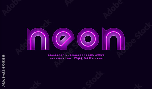 Neon font, modern alphabet violet colored lines, lowercase Latin letters from A to Z and Arab numbers from 0 to 9 with light effect, vector illustration 10EPS