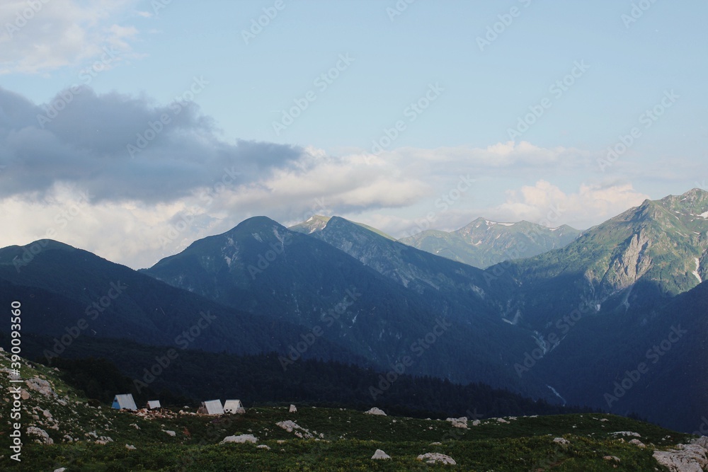 Circassian houses among mountains and hills, in the Caucasian biosphere reserve