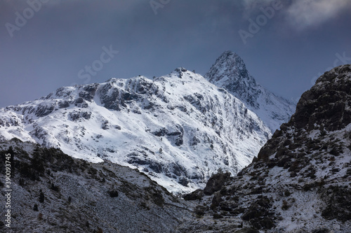 Snowy mountains landscape in the Aragonese Pyrenees. Near of Aguas Tuertas valley, Hecho and Anso, Huesca, Spain. © Alvaro