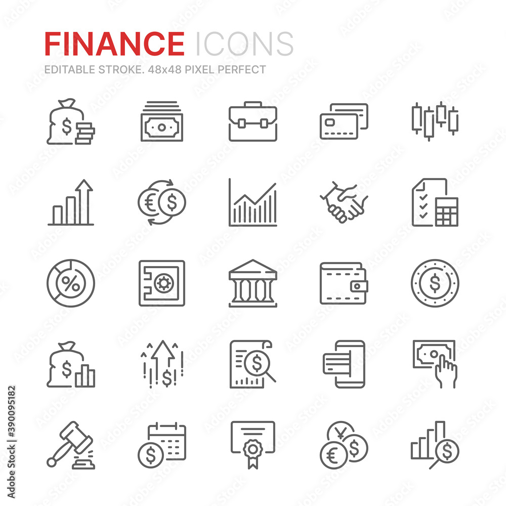 Collection of finance related outline icons. 48x48 Pixel Perfect. Editable stroke