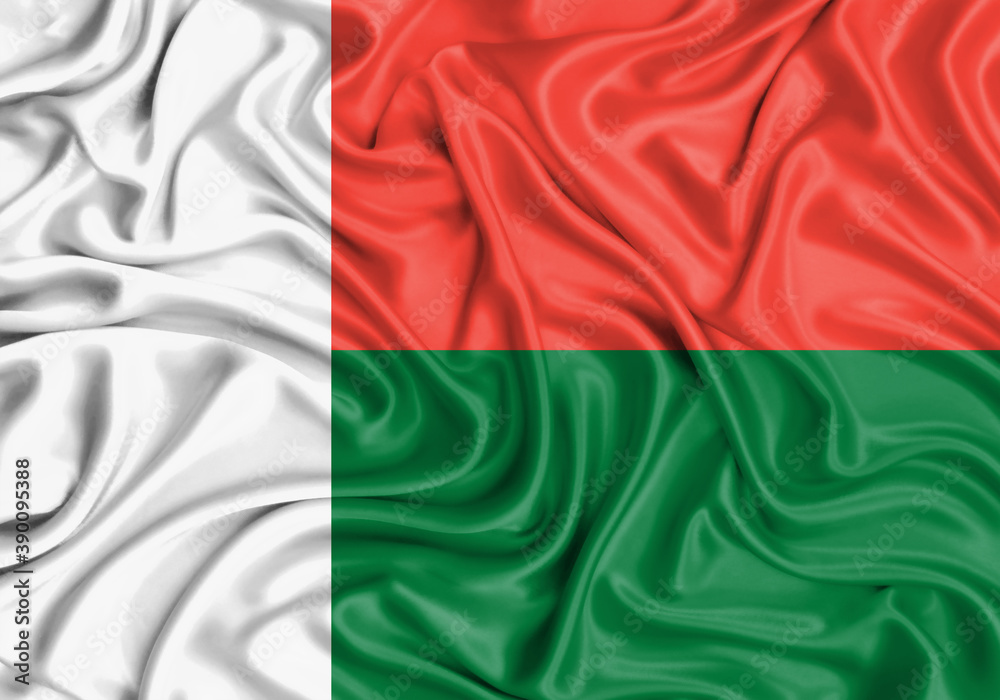 Madagascar , national flag on fabric texture waving background.