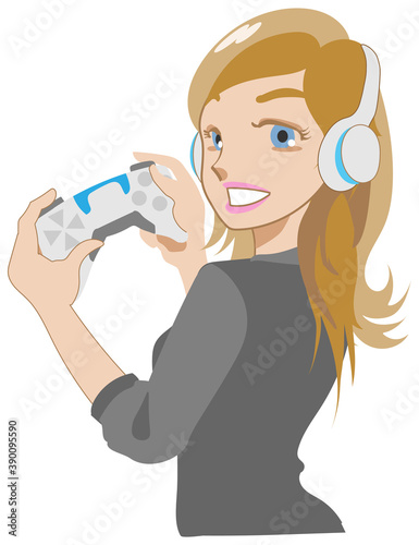 新型ゲームのコントローラーを持ちヘッドセットして笑う女性