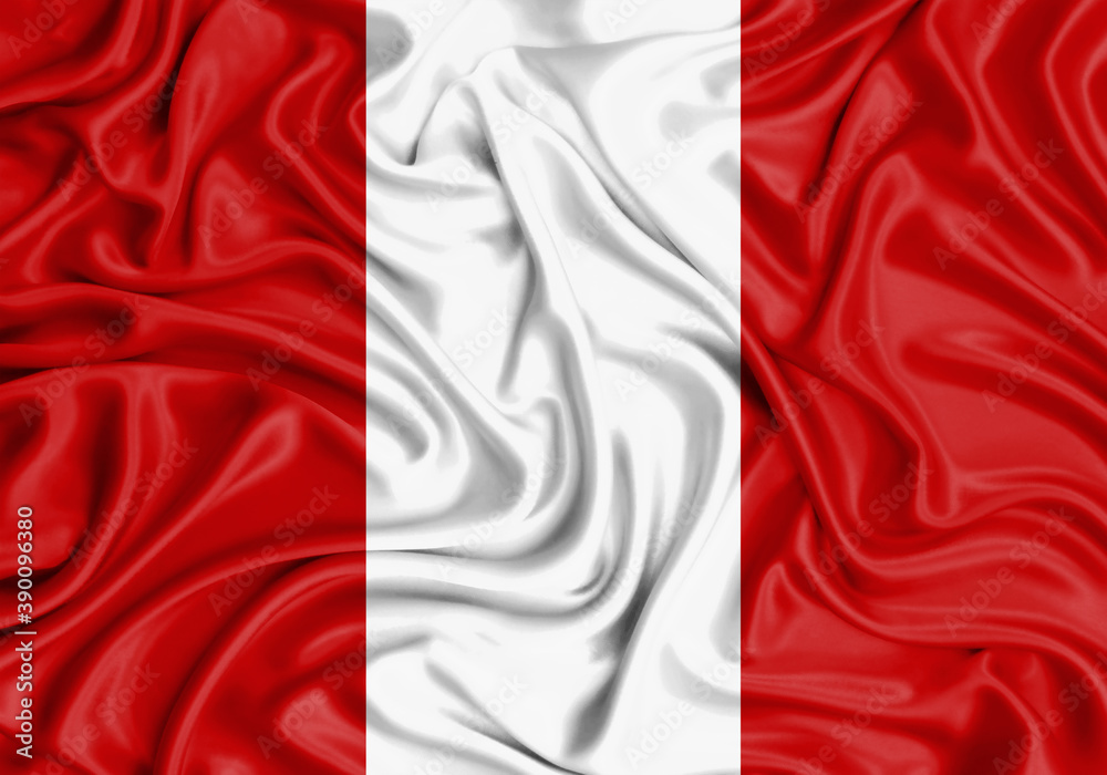 Peru , national flag on fabric texture waving background.
