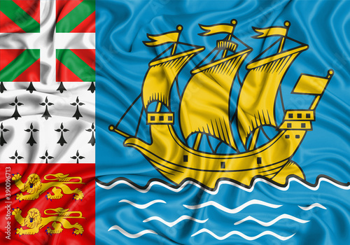 Saint Pierre And Miquelon , national flag on fabric texture waving background.