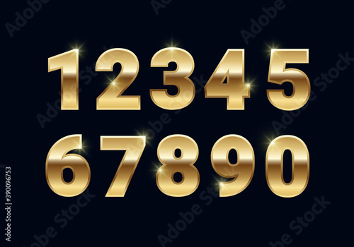 Golden shiny numbers set, gold font signs isolated on black background. Luxury fashion metallic yellow typography design for decoration, design, web, advert, greeting card. Vector illustration