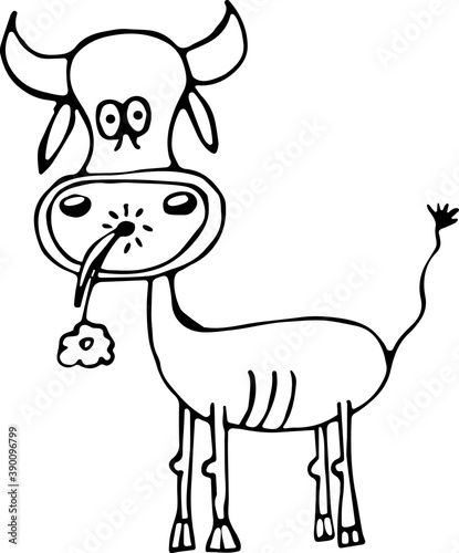 Vector illustration of a skinny cow, a bull with a flower in its mouth in the style of doodles. Concept of wildlife, agriculture, zodiac signs, New year, Chinese New year. Can be used for books, paper