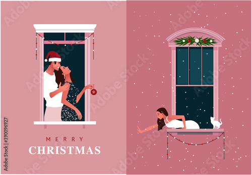 New Year or Christmas celebration. Lockdown. Quarantine life. Window frames with neighbors celebrating. Snow. Colorful vector illustration in modern flat style.