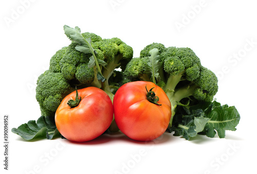 fresh tomato and broccoli vegetable on white background