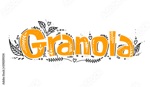 Granola logo template with handwritten calligraphy lettering composition in doodle style. vector illustration. Muesli, organic health food concept.