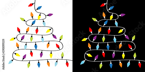 Colorful string fairy light set. Fir tree triangle shape. Christmas lights. Lightbulb glowing garland. Holiday festive xmas decoration. Rainbow color. Flat design. Black White background.