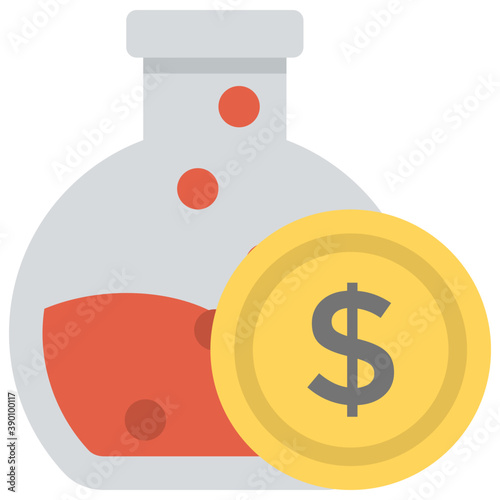 
A lab research flask with dollars inside symbolising economic research, flat vector icon
