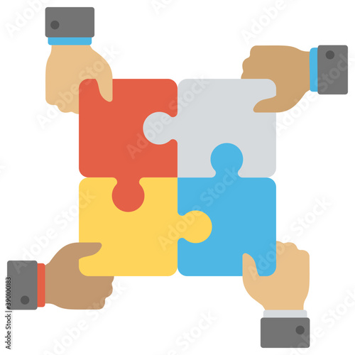 
Four hands connecting puzzle pieces, concept of teamwork 
