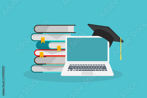 Online learning. Concept of webinar, business online training, education on computer or e-learning concept, video tutorial vector illustration photo