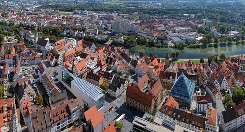 View on Ulm, Danube river and Neu-Ulm from the tower of Ulm Minster, Germany
