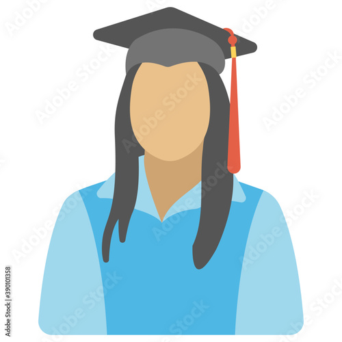 
Female avatar wearing mortarboard on her head, graduate 
