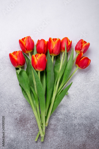Spring flowers. Bouquet of Red tulips on a light stone background. Top view. Copy space