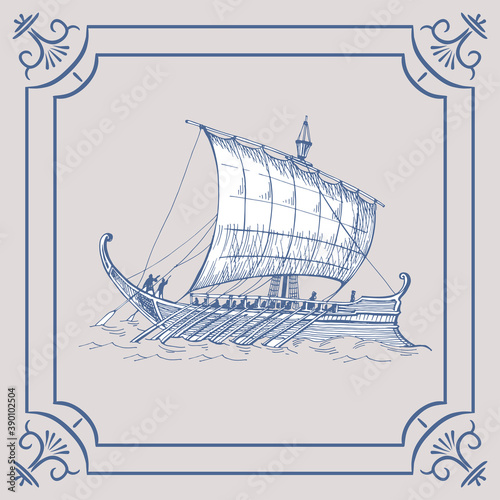 Ancient Greek gallera. Ship on the Blue Dutch tile. Imitation. Frigate, vintage sailboat, Sailing vessel , glazed porcelain ceramic.