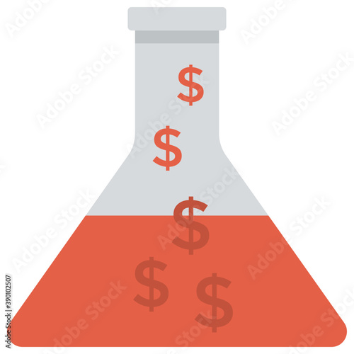 
A lab research flask with dollars inside symbolising economic research, flat vector icon
