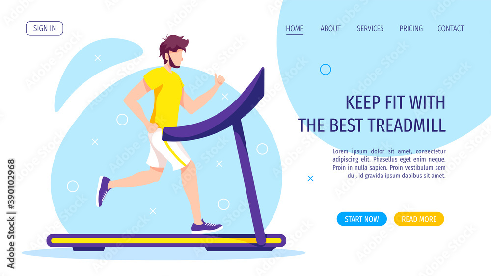 Young man running on a treadmill. Running, Sport training, Healthy lifestyle, Energy, Fitness. Cardio workout concept. Vector illustration for poster, banner, placard, website, flyer.