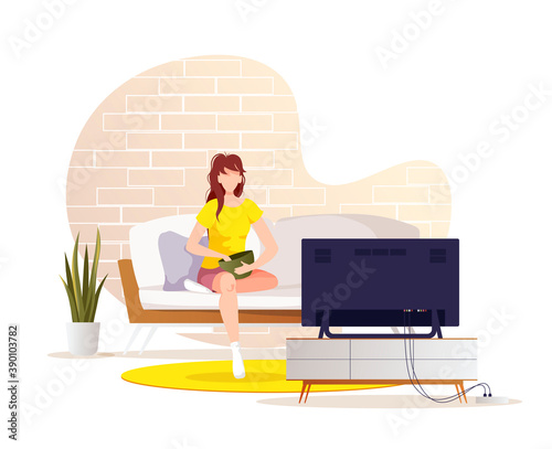 Young woman sitting on the sofa and watching TV. Living room, interior, home leisure, spare time, television concept. Isolated vector illustration for poster, banner, cover.