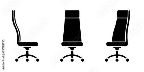 Isolated modern office chair vector illustration icon pictogram set. Front, side view silhouette on white