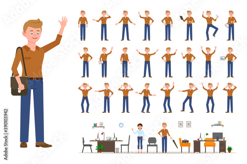 Adult office cartoon character man in casual clothes waving hand up flat style design vector illustration set. Male person wearing jeans, body poses, face emotions, desk, chair office interior kit