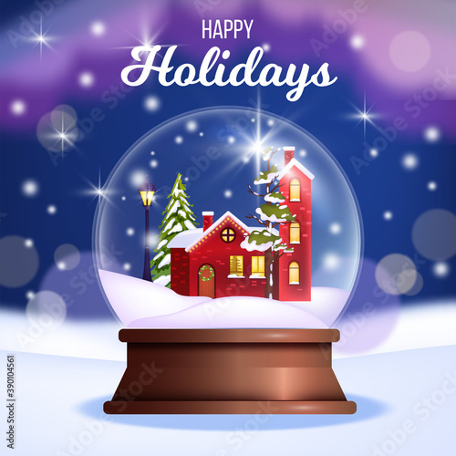 Winter Christmas and Happy New Year illustration with snow crystal ball, little red house, pine tree. X-mas holiday postcard with glass globe, fir, drifts. Festive banner with crystal ball souvenir
