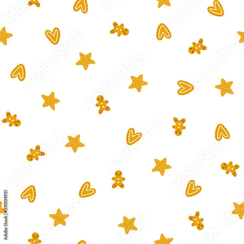 Christmas cookies seamless pattern. Vector hand-drawn illustration of gingerbread sweets, decorated for the holidays. Gingerbread man with hearts and stars